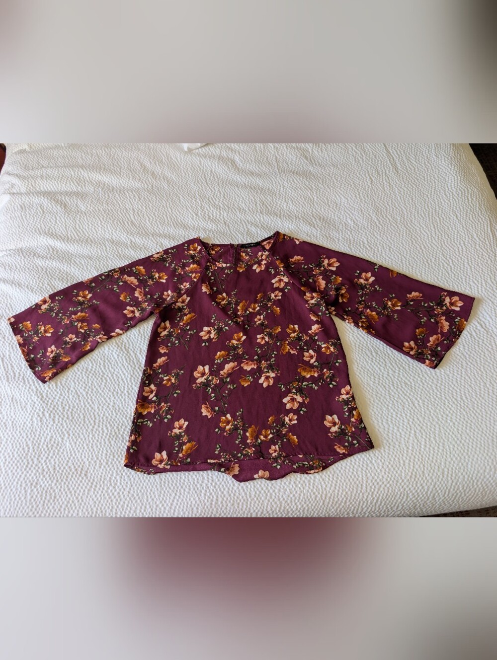 Papermoon Burgundy Floral 3/4 Bell Sleeve High-Low Blouse